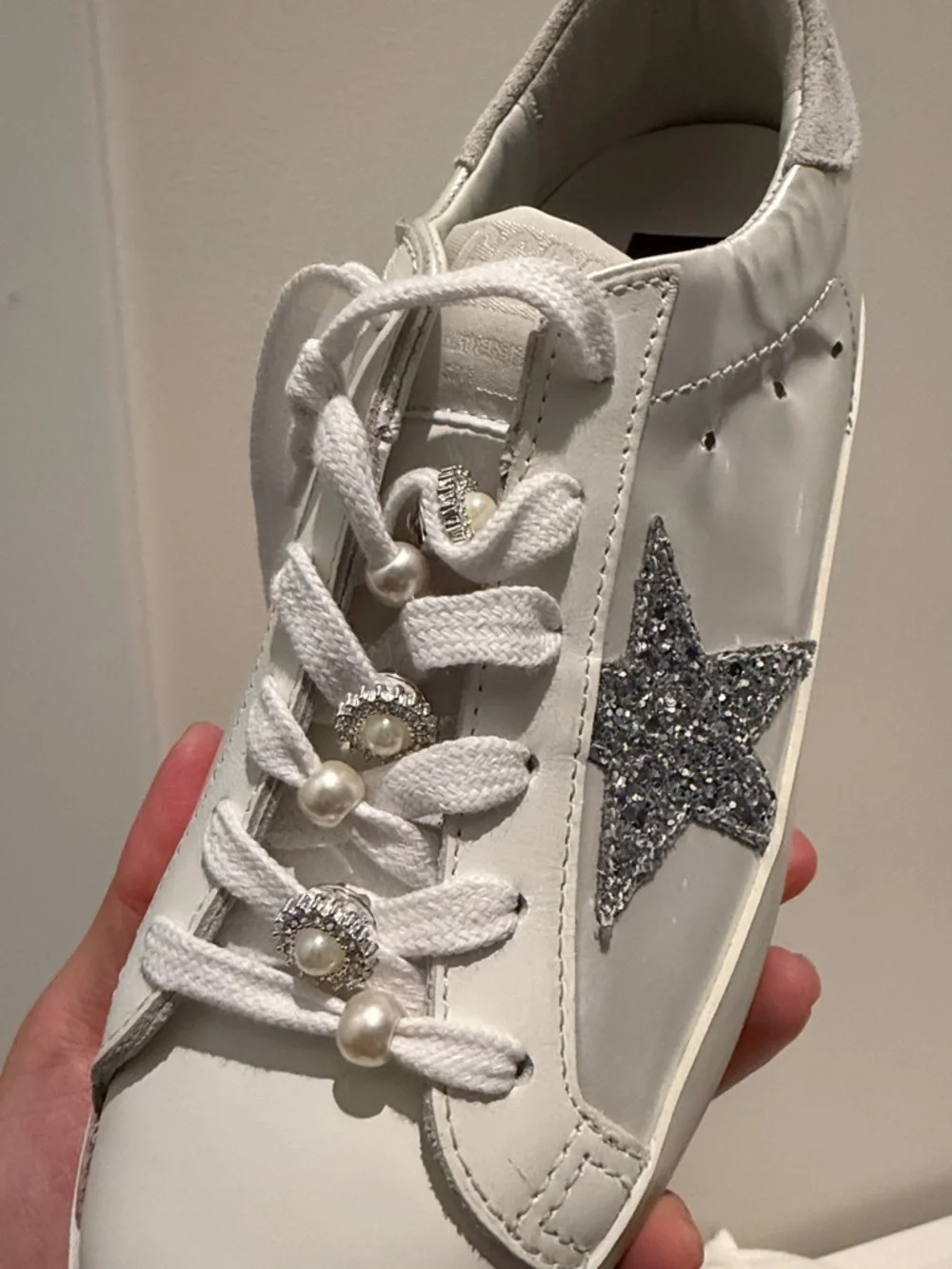 Golden Goose White Sneakers with Silver Glitter Star and Pink Sole - Picture 3 of 6
